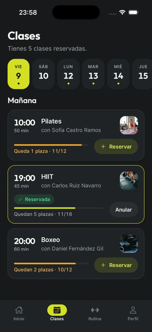 Reserva de clases con las plazas libres de cada sesión.